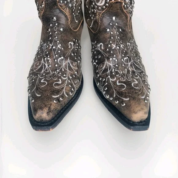 ROCKIN COUNTRY Womens Brown Leather Silver Studded Western Pull On Boots Sz 11M - Picture 5 of 8